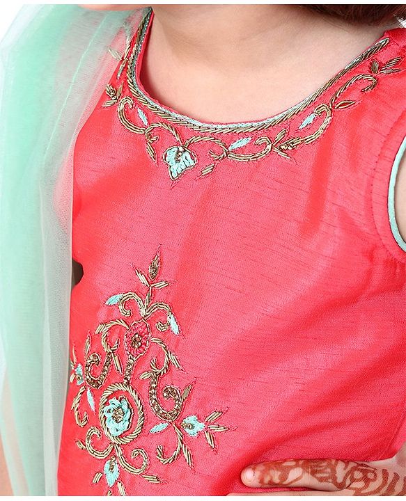 Babyhug Sleeveless Embroidered Choli & Lehenga Set With Dupatta - Peach Mint - 2-3 YRS Peach
