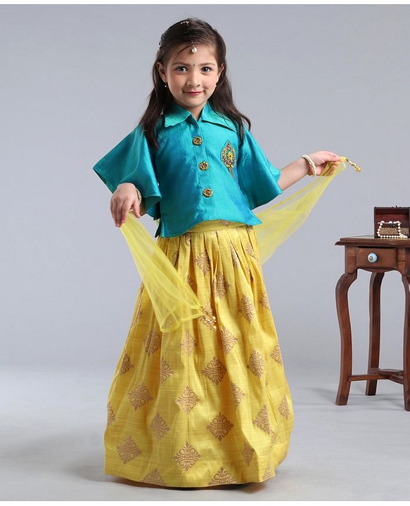 Babyhug Half Sleeves Choli With Chanderi Work Lehanga and Net Dupatta - Turquoise Green & Light Green