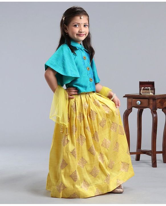 Babyhug Half Sleeves Choli With Chanderi Work Lehanga and Net Dupatta - Turquoise Green & Light Green