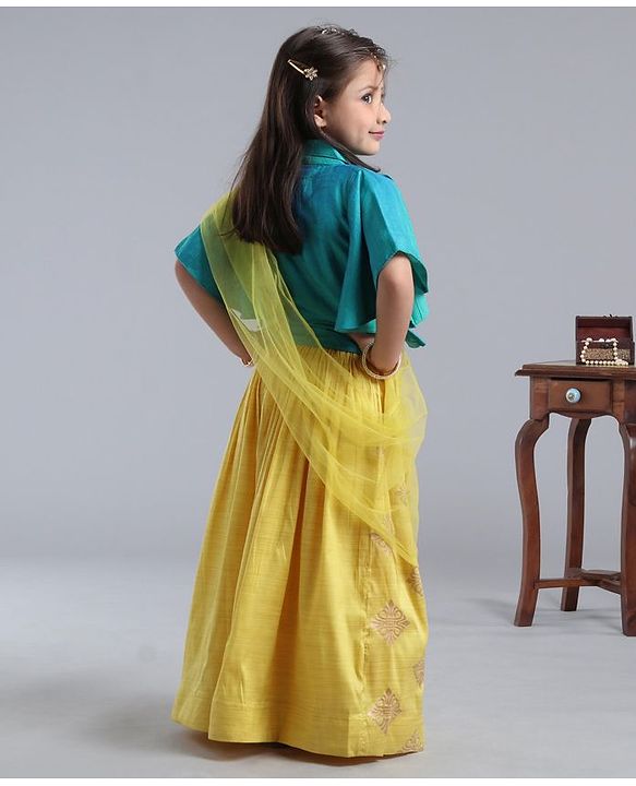 Babyhug Half Sleeves Choli With Chanderi Work Lehanga and Net Dupatta - Turquoise Green & Light Green