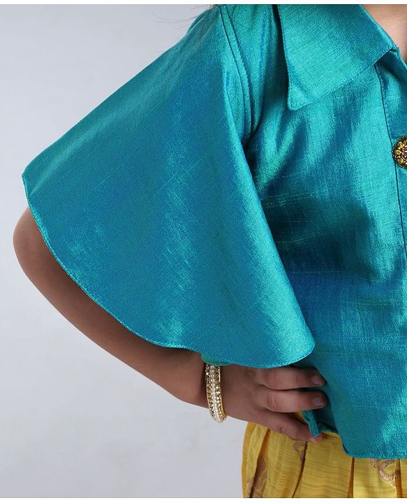 Babyhug Half Sleeves Choli With Chanderi Work Lehanga and Net Dupatta - Turquoise Green & Light Green