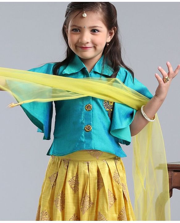 Babyhug Half Sleeves Choli With Chanderi Work Lehanga and Net Dupatta - Turquoise Green & Light Green