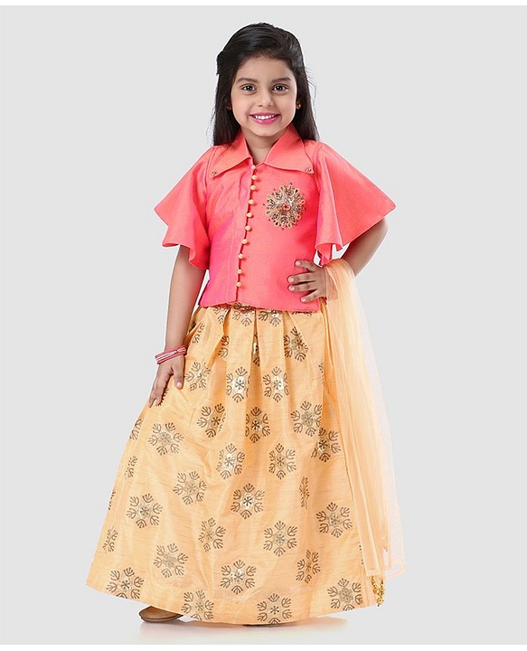 Babyhug Girls Half Sleeves Blouse & Chanderi Lehenga With Dupatta - Peach