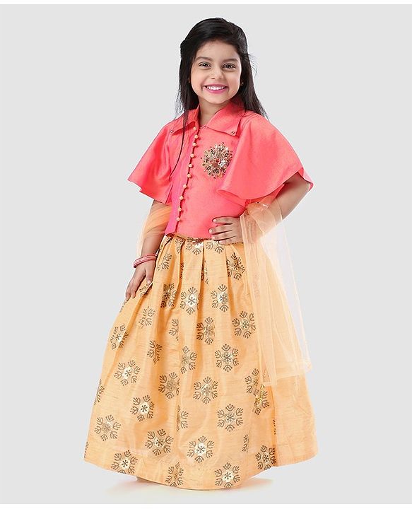 Babyhug Girls Half Sleeves Blouse & Chanderi Lehenga With Dupatta - Peach