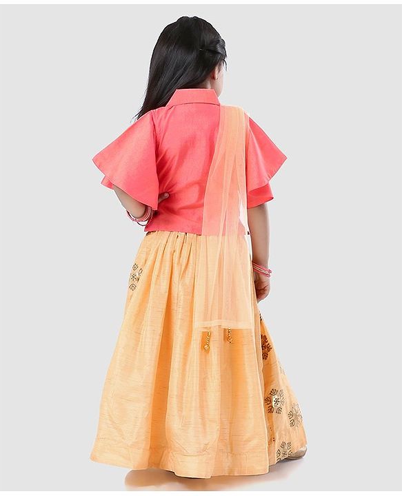 Babyhug Girls Half Sleeves Blouse & Chanderi Lehenga With Dupatta - Peach