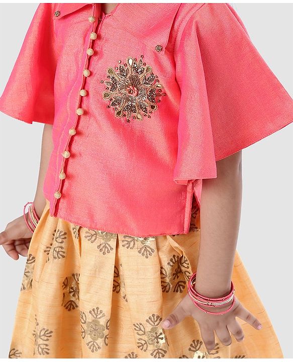 Babyhug Girls Half Sleeves Blouse & Chanderi Lehenga With Dupatta - Peach