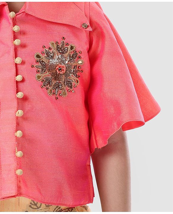 Babyhug Girls Half Sleeves Blouse & Chanderi Lehenga With Dupatta - Peach