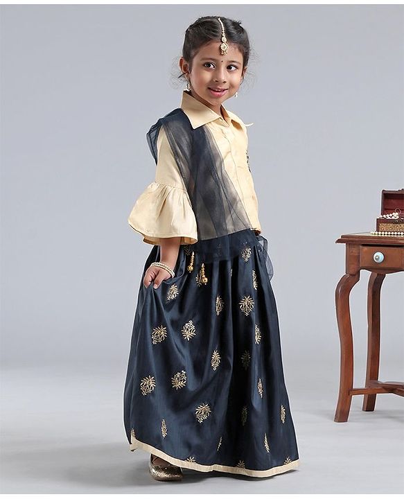Babyhug Three Fourth Sleeves Shirt Style Choli with Embroidered Lehenga - Beige & Navy