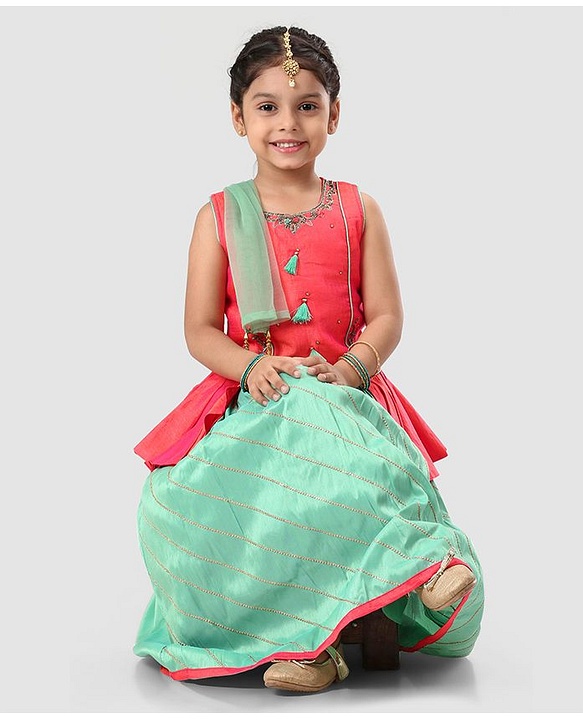 Babyhug Sleeveless Embroidered Choli & Lehenga with Dupatta - Green Orange