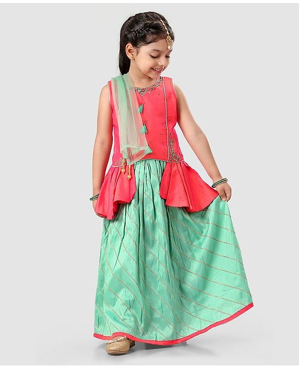 Babyhug Sleeveless Embroidered Choli & Lehenga with Dupatta - Green Orange