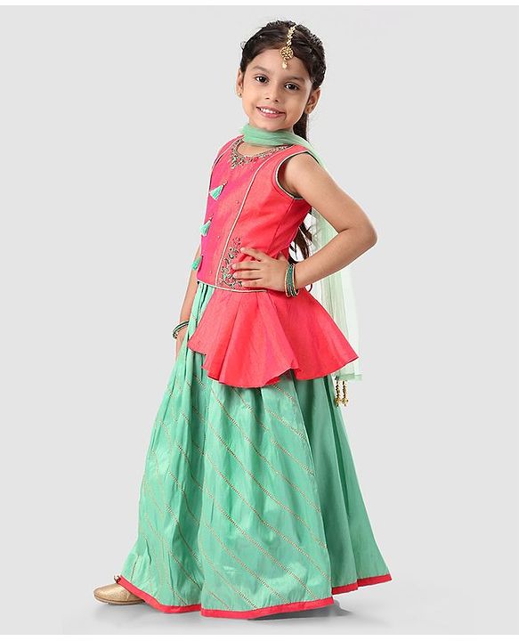 Babyhug Sleeveless Embroidered Choli & Lehenga with Dupatta - Green Orange