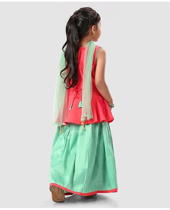 Babyhug Sleeveless Embroidered Choli & Lehenga with Dupatta - Green Orange