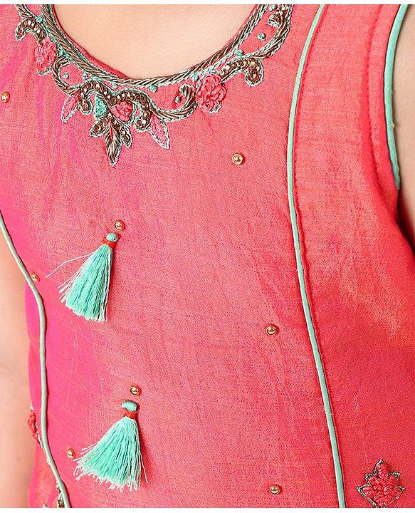 Babyhug Sleeveless Embroidered Choli & Lehenga with Dupatta - Green Orange