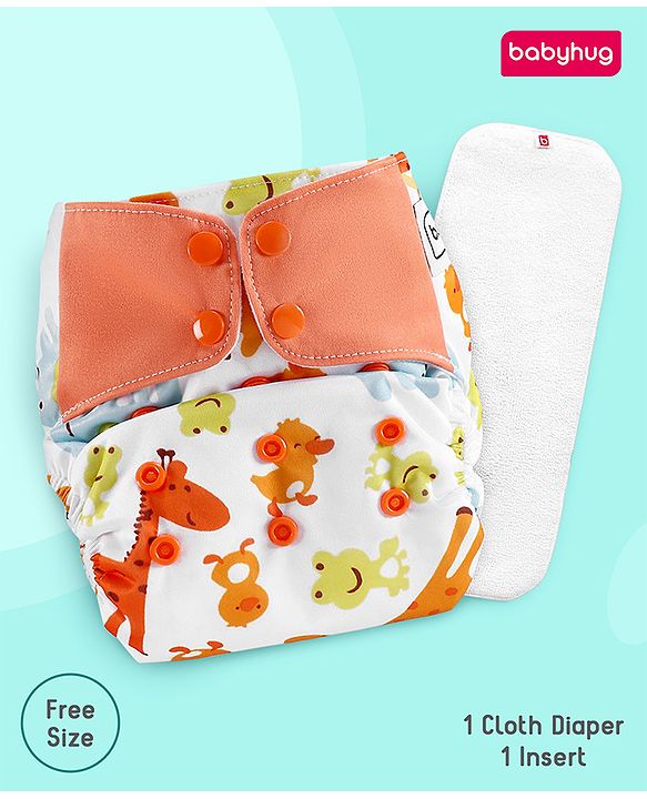 Babyhug Free Size Reusable Contrast Flap Closure Cloth Nappies With Insert Animal Print - White Orange