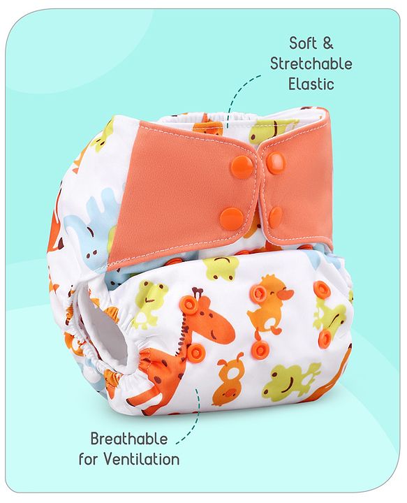 Babyhug Free Size Reusable Contrast Flap Closure Cloth Nappies With Insert Animal Print - White Orange