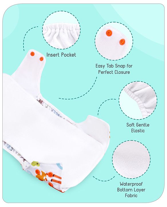 Babyhug Free Size Reusable Contrast Flap Closure Cloth Nappies With Insert Animal Print - White Orange