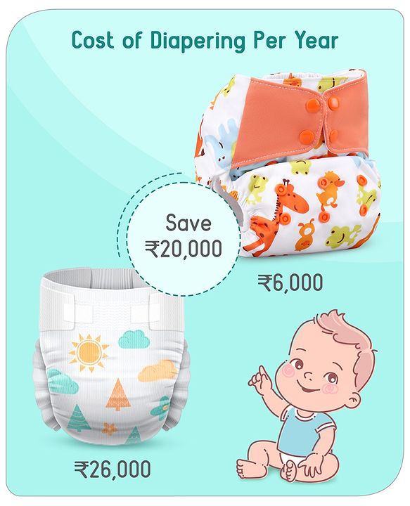 Babyhug Free Size Reusable Contrast Flap Closure Cloth Nappies With Insert Animal Print - White Orange
