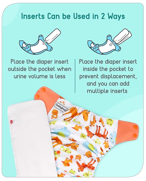 Babyhug Free Size Reusable Contrast Flap Closure Cloth Nappies With Insert Animal Print - White Orange
