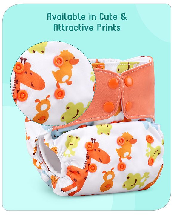 Babyhug Free Size Reusable Contrast Flap Closure Cloth Nappies With Insert Animal Print - White Orange