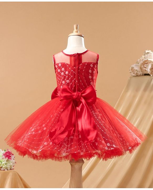 Babyhug Sleeveless Frock With Floral Embroidered - Red