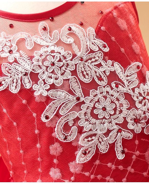Babyhug Sleeveless Frock With Floral Embroidered - Red