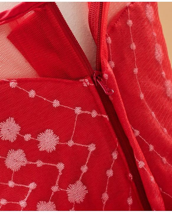 Babyhug Sleeveless Frock With Floral Embroidered - Red