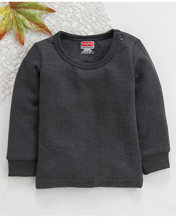 Babyhug Full Sleeves Thermal Vest With Shoulder Button - Dark Grey