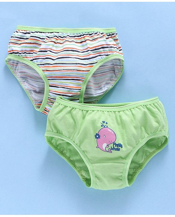 Babyhug Cotton Panties Stripped & Whale Print Pack Of 2 - Green