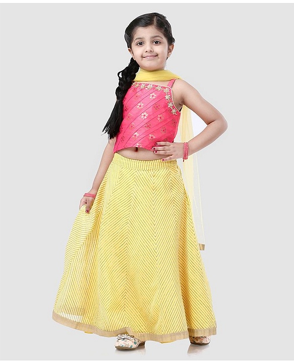 Babyhug Sleeveless Choli And Chevron Lehenga With Dupatta Floral Detailing - Yellow Pink