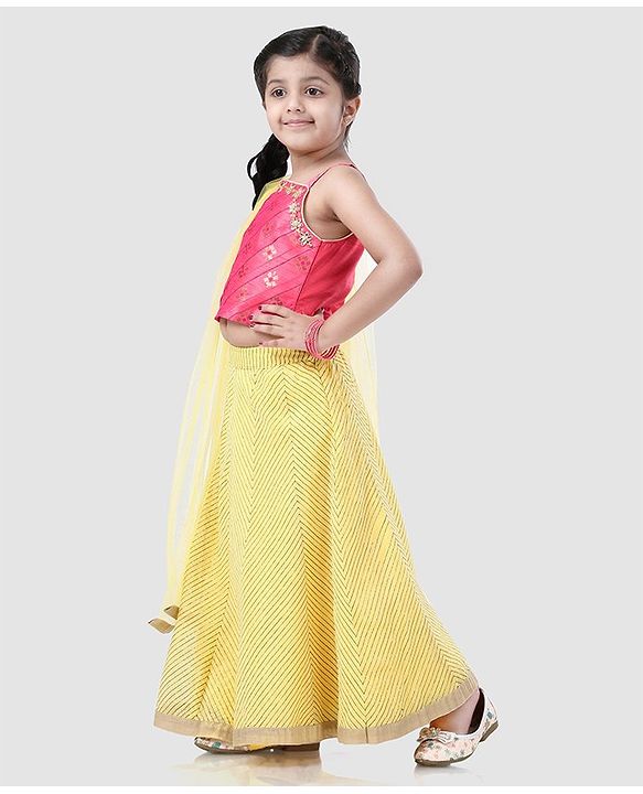 Babyhug Sleeveless Choli And Chevron Lehenga With Dupatta Floral Detailing - Yellow Pink