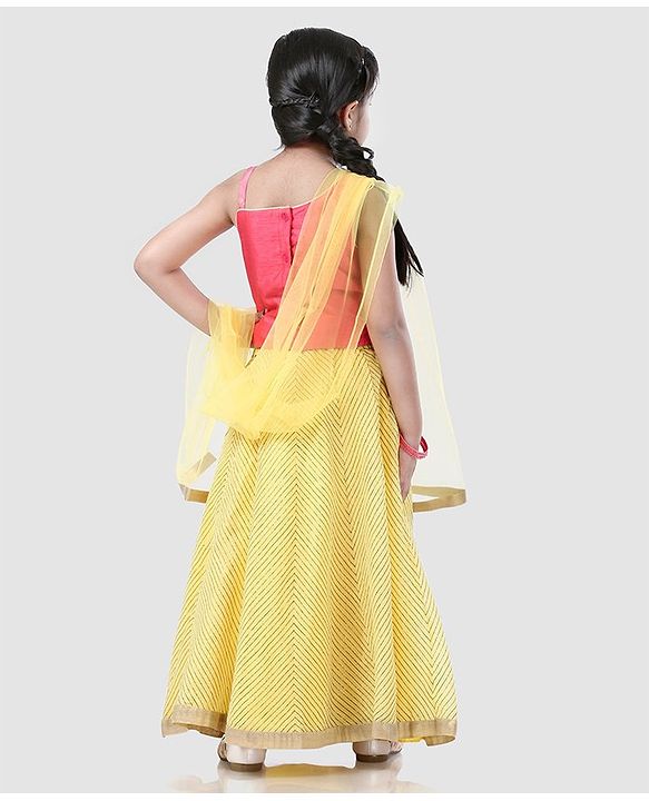Babyhug Sleeveless Choli And Chevron Lehenga With Dupatta Floral Detailing - Yellow Pink