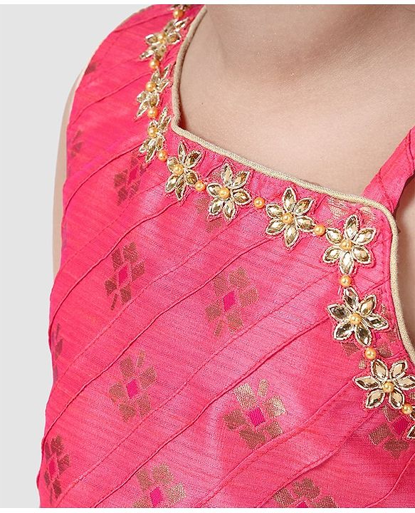 Babyhug Sleeveless Choli And Chevron Lehenga With Dupatta Floral Detailing - Yellow Pink