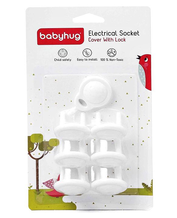 Babyhug 2 Pin Plug Protector Set Of 6 With Locking Key - White