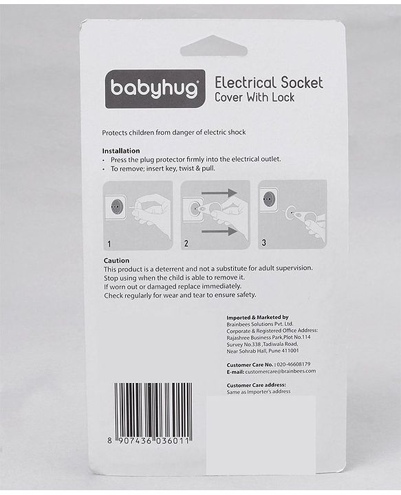 Babyhug 2 Pin Plug Protector Set Of 6 With Locking Key - White