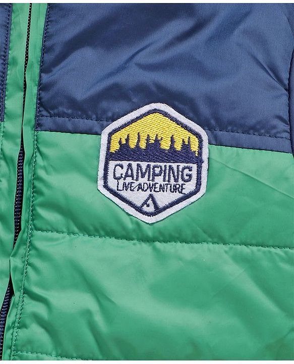 Babyhug Full Sleeves Hooded Padded Jacket Camping Patch - Blue Green