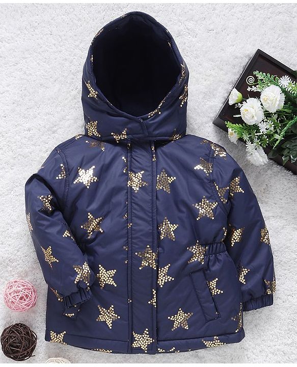 Babyhug Full Sleeves Hooded Jacket Star Print - Navy Blue