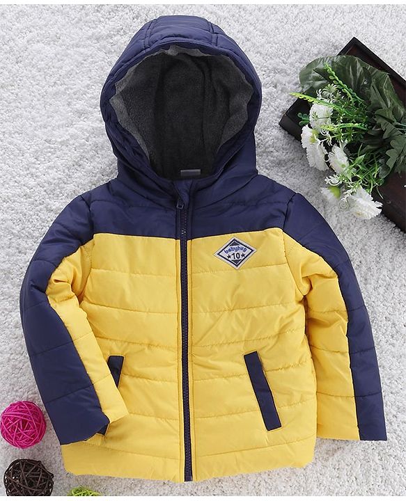 Babyhug Full Sleeves Hooded Padded Jacket Numeric 10 Patch - Yellow Navy Blue - 9-12 M
