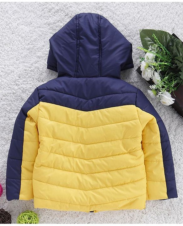 Babyhug Full Sleeves Hooded Padded Jacket Numeric 10 Patch - Yellow Navy Blue - 9-12 M