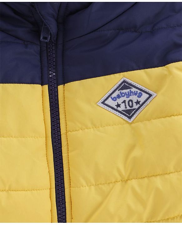 Babyhug Full Sleeves Hooded Padded Jacket Numeric 10 Patch - Yellow Navy Blue - 9-12 M