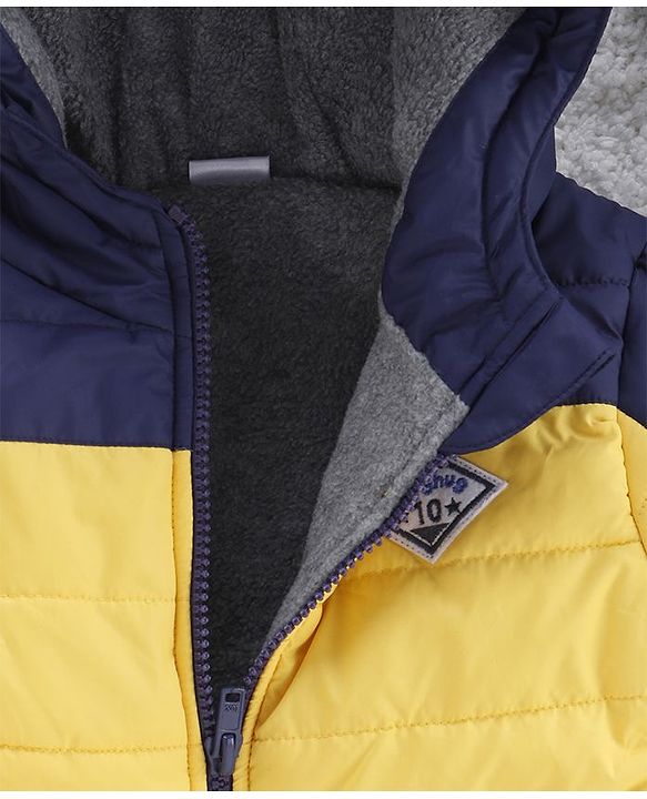 Babyhug Full Sleeves Hooded Padded Jacket Numeric 10 Patch - Yellow Navy Blue - 9-12 M