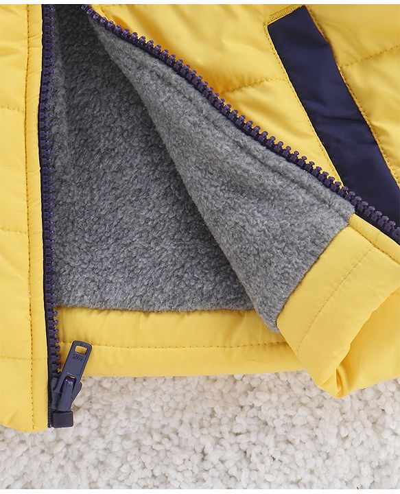 Babyhug Full Sleeves Hooded Padded Jacket Numeric 10 Patch - Yellow Navy Blue - 9-12 M