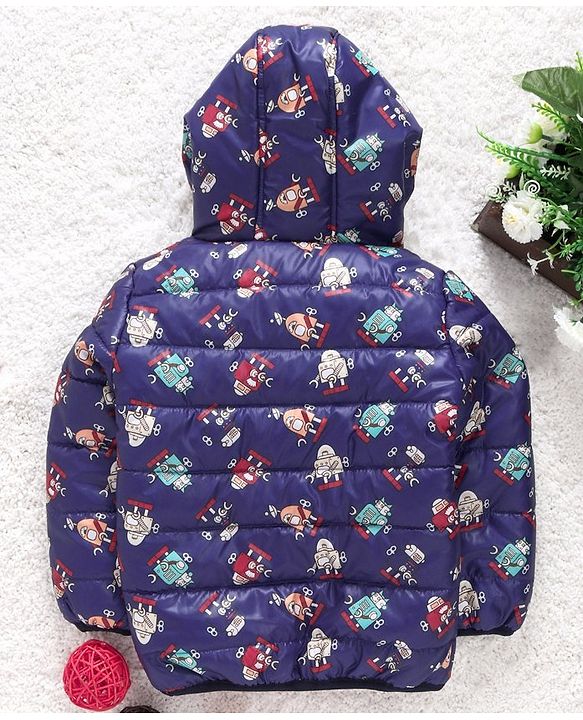 Babyhug Full Sleeves Hooded Padded Jacket Robot Print - Blue