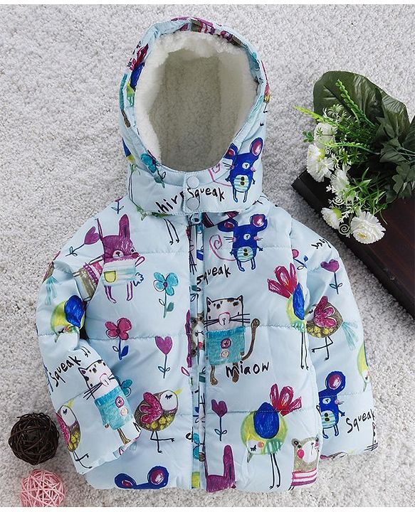 Babyhug Full Sleeves Hooded Padded Jacket Animal Print - Sky Blue