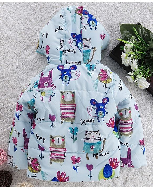 Babyhug Full Sleeves Hooded Padded Jacket Animal Print - Sky Blue
