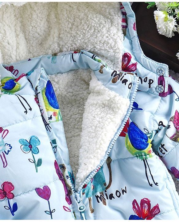 Babyhug Full Sleeves Hooded Padded Jacket Animal Print - Sky Blue