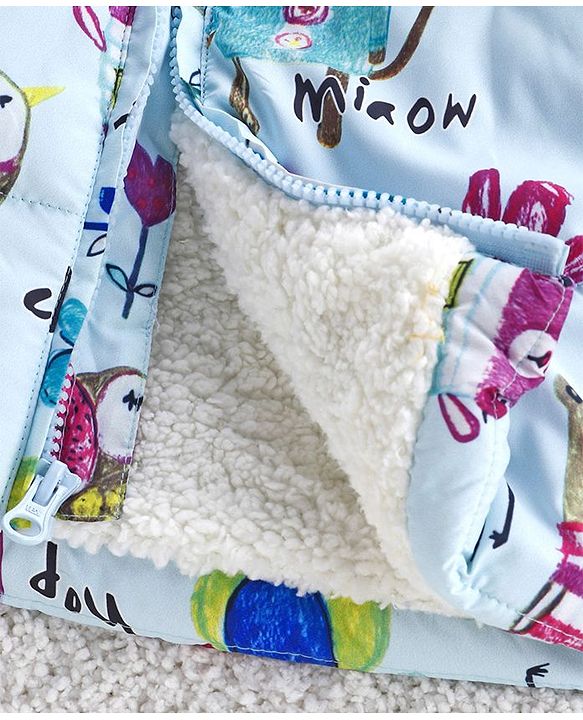 Babyhug Full Sleeves Hooded Padded Jacket Animal Print - Sky Blue
