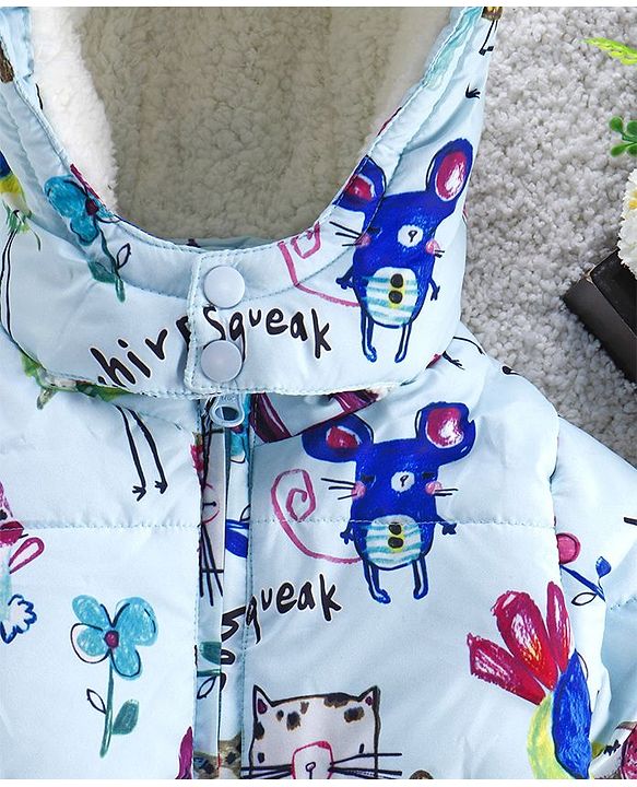 Babyhug Full Sleeves Hooded Padded Jacket Animal Print - Sky Blue