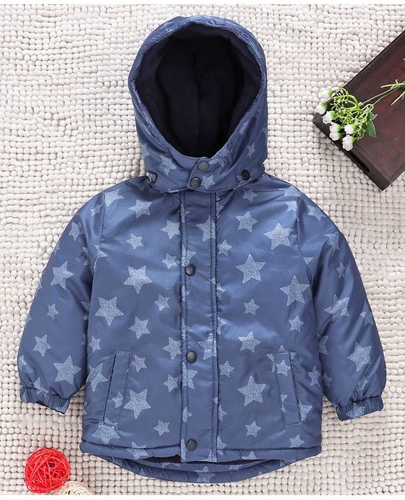Babyhug Full Sleeves Padded Winter Jacket With Detachable Hood Stars Print - Blue