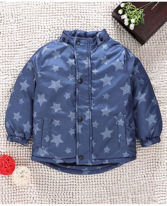 Babyhug Full Sleeves Padded Winter Jacket With Detachable Hood Stars Print - Blue