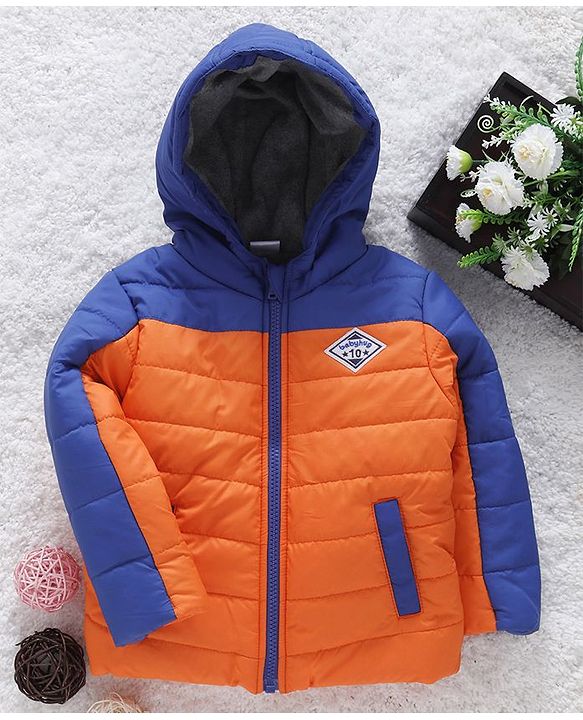 Babyhug Full Sleeves Hooded Padded Jacket Numeric 10 Patch - Orange Blue
